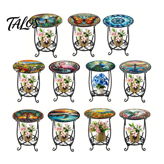 Mesa Lateral Externa Talos, Redonda Pequena Mosaico Pássaro Borboleta Acento de Pátio, Mesa de Apoio para Plantas Café Chá Interna para Quintal Varanda Jardim Sala de Estar, Quarto
