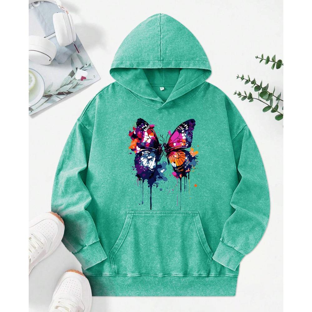 Barevná ilustrace motýla Tištěná Praná Mikina s kapucí Volný Streetwear Kreativita Mikina Street Vícebarevná Dámská Mikina