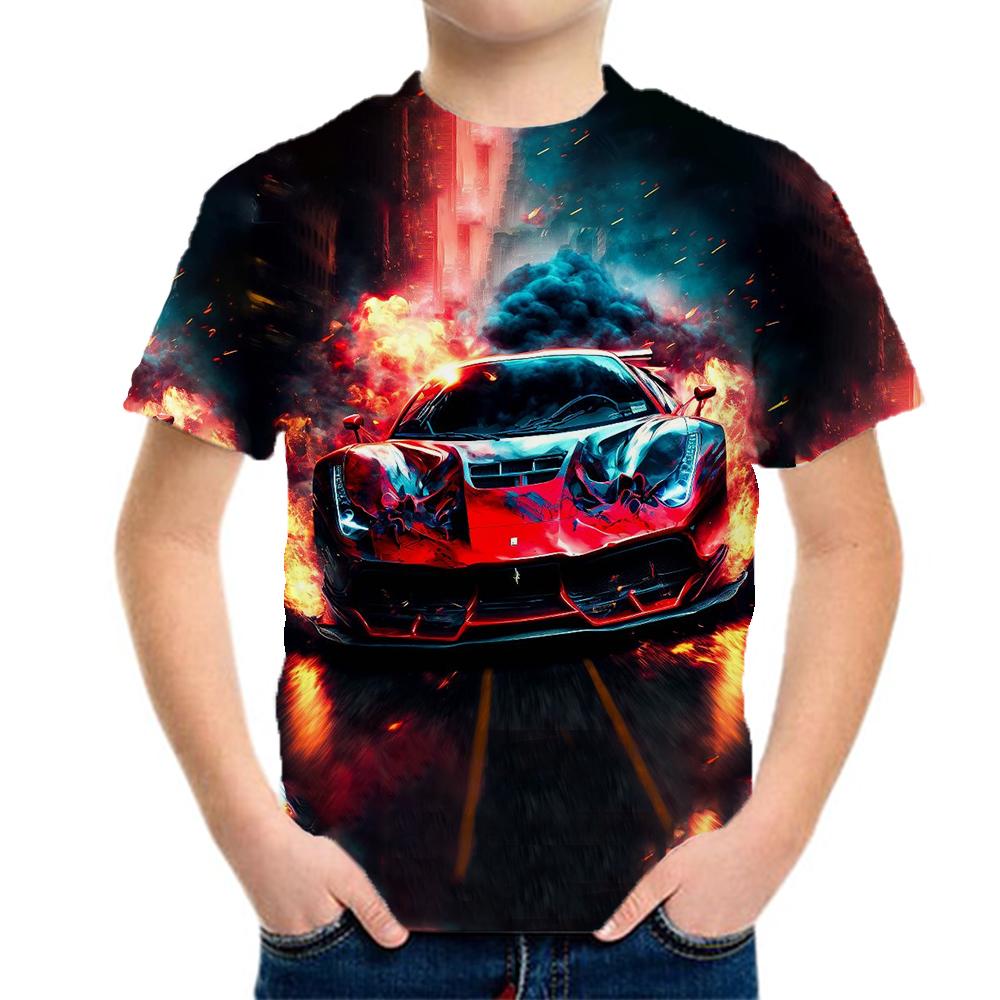 Boys' clothing, racing patterns, children's T-shirts, short sleeved children's clothing, 3D fashion clothing, boys' and children's summer clothing