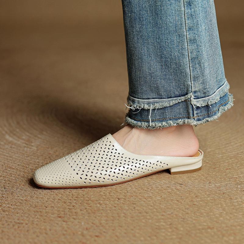 Fashion 2025 New Genuine Leather Hollow Out Mueller Slippers Woman Round Toe Slip-on Casual Shoes Summer Shoes Outdoors Walk Shoes Woman