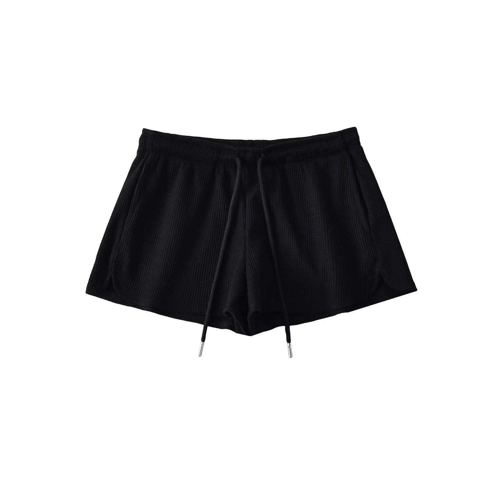 Trendy Women s Waffle Knit Low-Rise Drawstring Shorts Medium чёрный