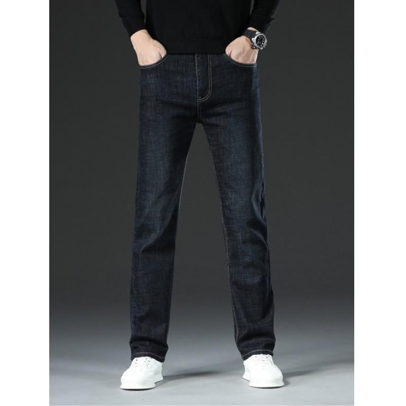 Men Autumn Winter Plus Size Thickened Warm Pants Fleece Jeans Business Casual Slim Straight Denim Trousers