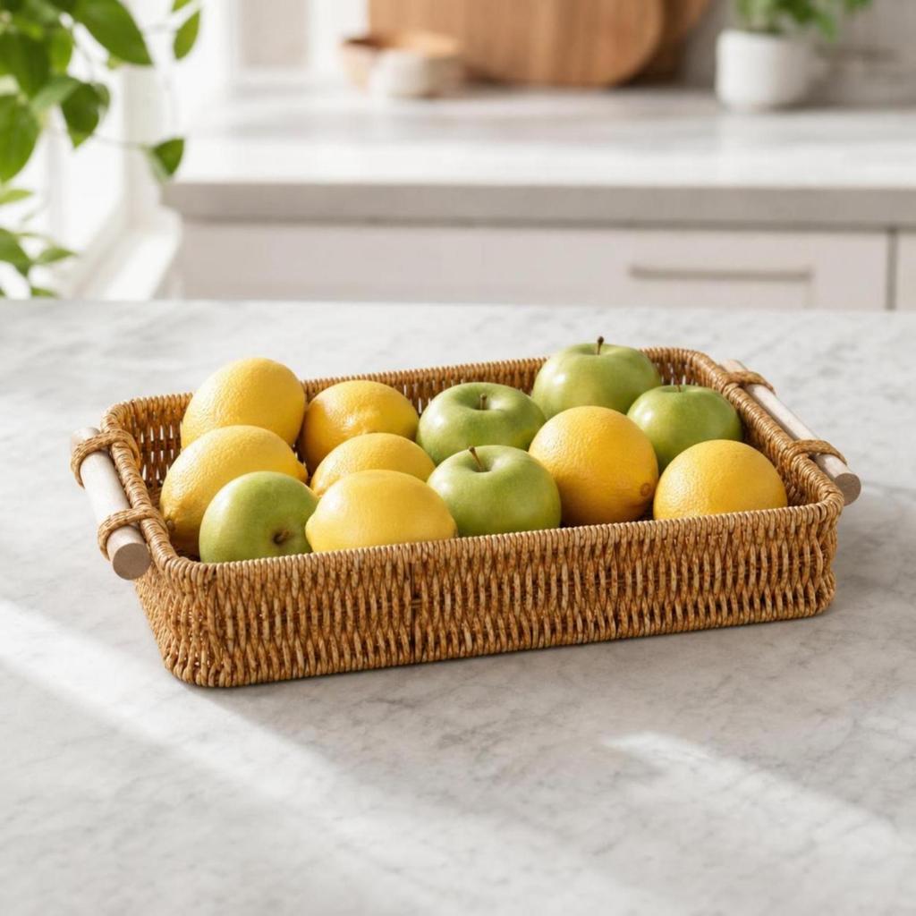 Serving Tray with Handles Natural Rattan Woven Basket Rustic