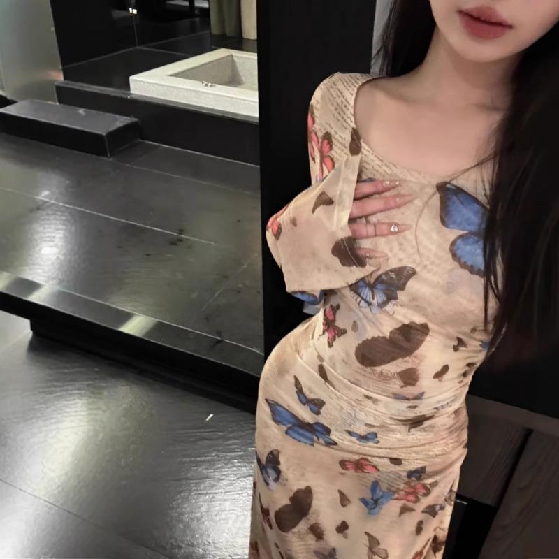 Spring Autumn Vintage Butterfly Printing Waist Slim Dress Women Long Sleeve Casual Bodycon Robe Vestidos