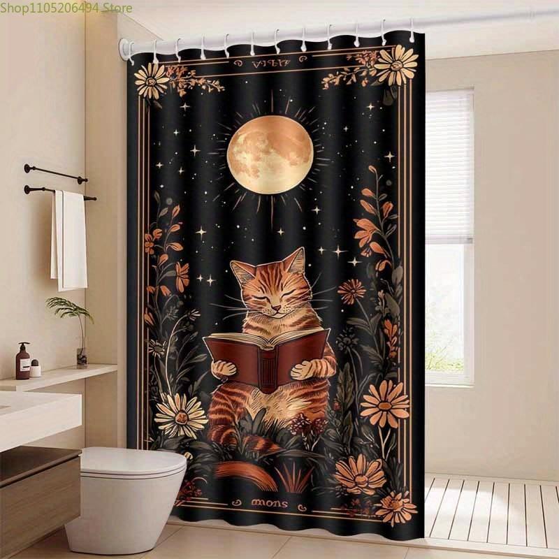 1pc Elegant Cat Reading Book Shower Curtain - Black & Golden Artistic Bathroom Decor with Tabby Cat, Moon & Stars Floral Patte