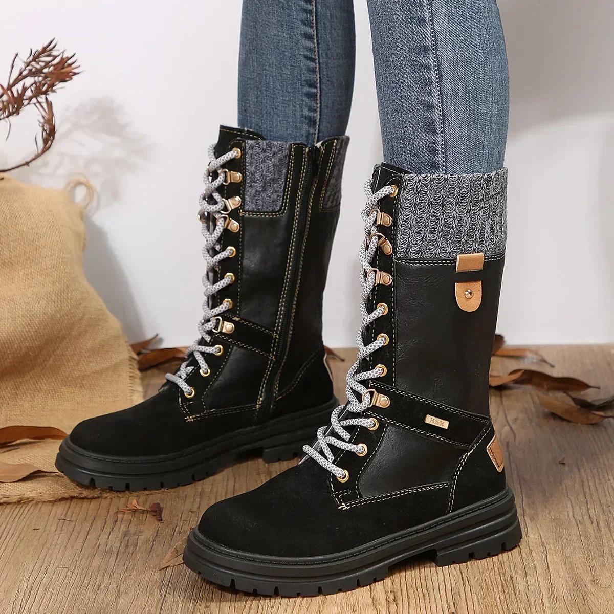 

Fashion Retro Women Boots Winter Boots for Women Lace Up Mid Calf Boots Woman Round Toe Platform Boot Female Knight 42 чёрный