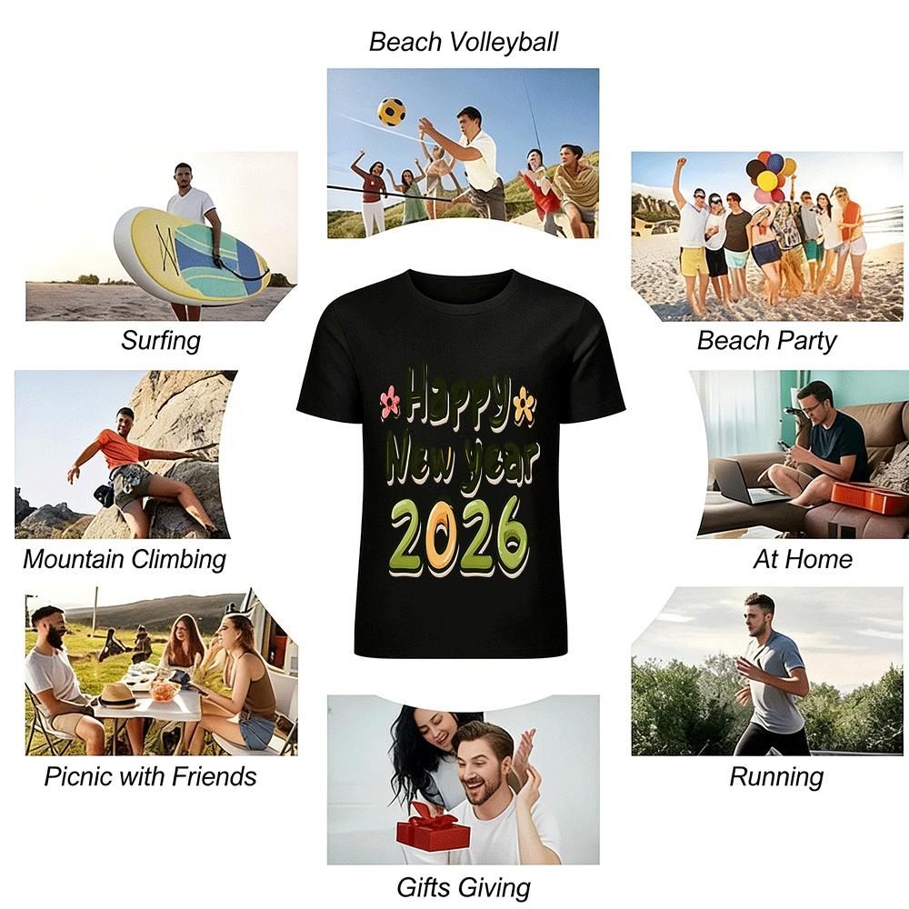 Happy New Year 2026 Printed Casual Loose Fit Festive Top Pure Cotton T-shirt