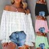 Damen Off-Shoulder Langarm Lochstickerei Bluse Lockere Passform Lässiges Mode Oberteil Einfarbig Rüsche Laternenärmel Hemd