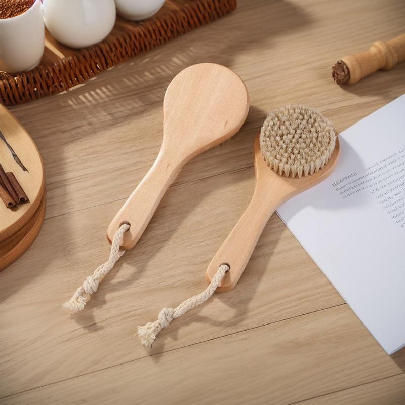 Natural Bristle Exfoliating Body Brush Lymphatic Drainage Tool Wooden Handle with Hanging Rope for Home Skincare
