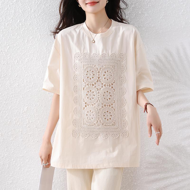 

DIMANAF 2025 Летние топы больших размеров из хлопка с круглым вырезом в стиле пэчворк Футболка женская однотонная с коротким рукавом Свободные футболки L бежевый