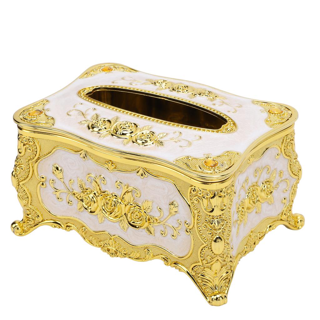 Tissue Box Cover Holder Luxury Facial Napkin Paper Towel Organizer Dining Room Ornaments Rose Pattern Gold White