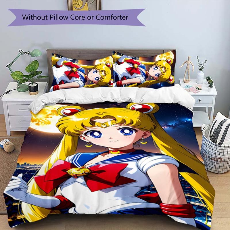 3-teiliges Sailor Moon Design Bettwäsche-Set - HD-bedruckte Bettwäsche mit 1 Bettbezug und 2 Kissenbezügen - Perfekt für die Heim- und Wohnheimdekoration