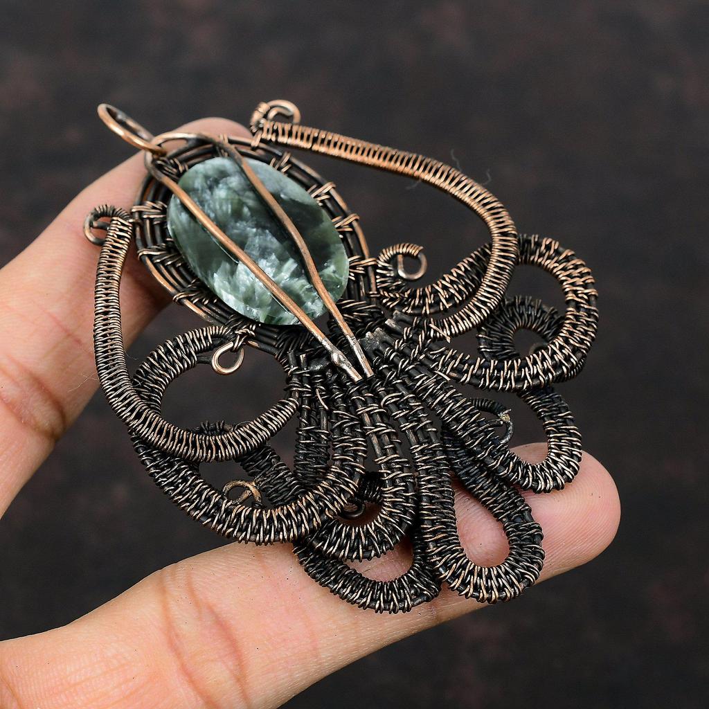 Κρεμαστό Σεραφινίτη Κρεμαστό τυλιγμένο με χάλκινο σύρμα Κοσμήματα Σεραφινίτη Κρεμαστό πολύτιμου λίθου Χειροποίητα χάλκινα κοσμήματα Κρεμαστό χταποδιού Δώρο για γυναίκες