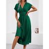 New Women's Elegant Solid Color Batwing Sleeve Maxi Dress, Overlap V-Neck Waist Pleated Long Dress for Summer Casual & Formal Occasions