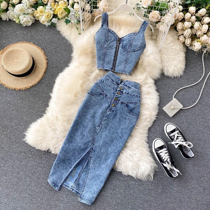 Women's Denim Suit Camisole High Waist Denim Skirt