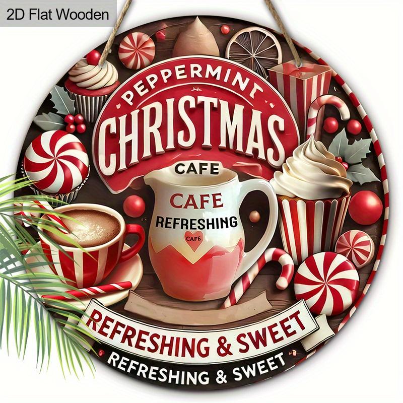 2D Flat 1pc Christmas Hot Drinks Wooden Sign Decoration, Round Embossed Effect Front Door Wall Decoration, Suitable for Home Office Decoration