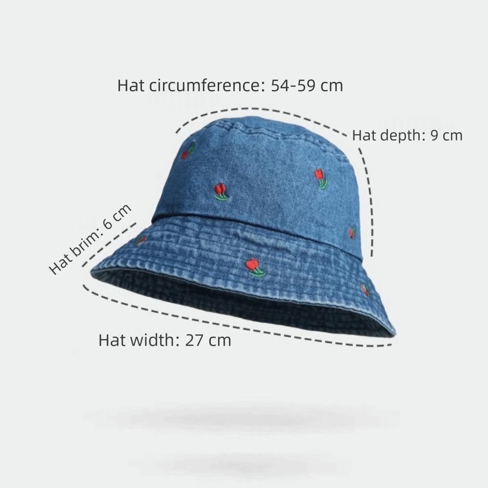Foldable Women's Bucket Hat Rose Embroidered Beach Sun Hat Breathable Denim Fisherman Hat Summer