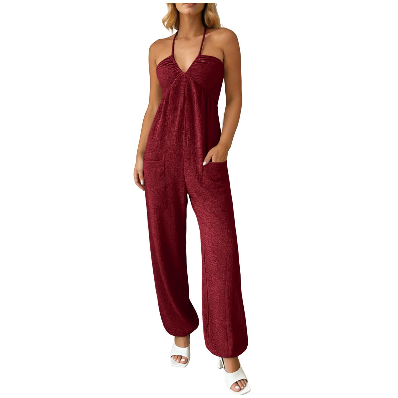 

Women s Color Neck Hanging Casual Fashion Jumpsuit L червоний