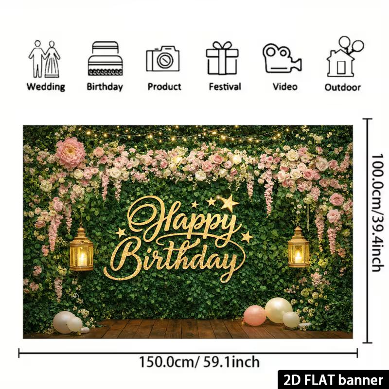 2D Pink Flower Green Leaf Happy Birthday Backdrop Party Decoration Banner