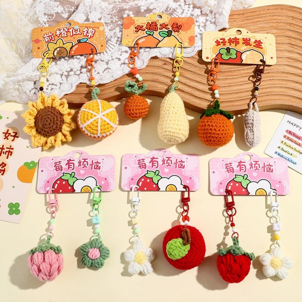 1pair Bag Hanging Knitted Flower Pendant Woolen Car Keyrings Cute Crochet Fruit Keychains  Backpack