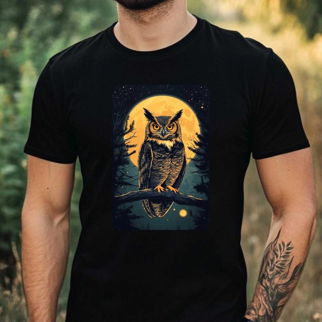 T-Shirt Herren Eule an Vollmond Motiv Baumwolle Größe XS bis 5XL