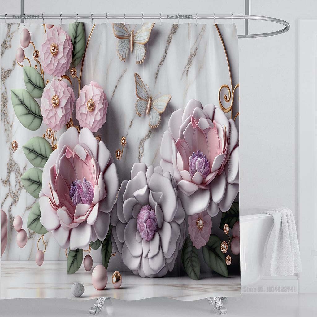 3D Stereo Beautiful Flower Printing Bathroom Curtain Waterproof Polyester Shower Curtain Home Decoration Curtain with Hooks