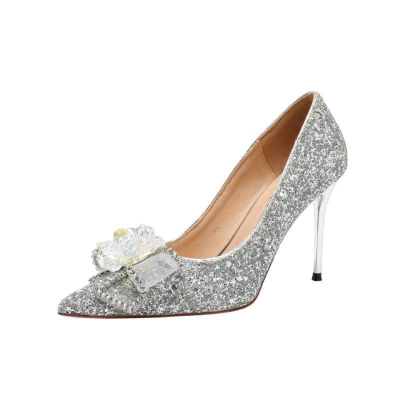 Two wearing high heels women's autumn and winter new pointed thin heel crystal diamond princess wedding shoes