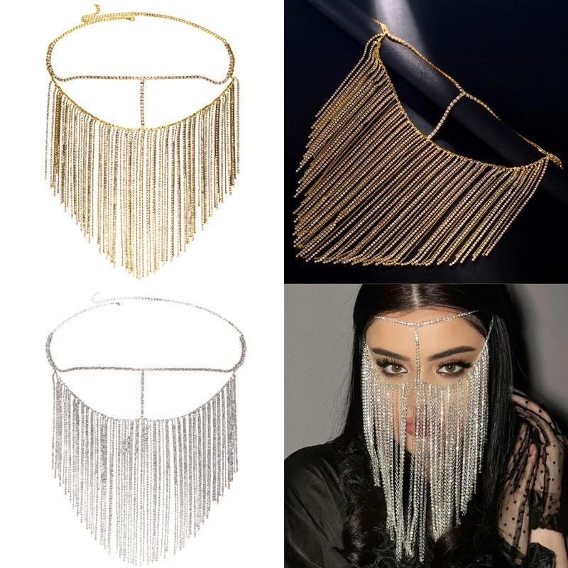 Long Tassels Face Mask Shimmering Rhinestone Mask with Adjustable Chain Crystal Fringes Mask Stylish Jewelry Accessory