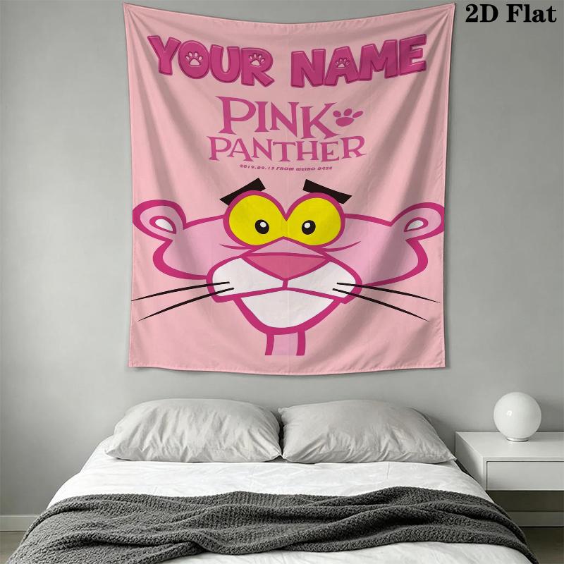 Custom Name Pink Panther Wall Tapestry Aesthetic Wall Hanging Printed Fabric Blanket Decorative Tapestries for Bedroom Living Room Home Decor