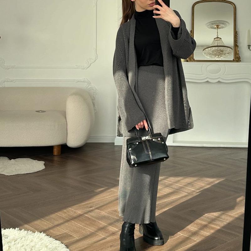 2025 Winter Women's V-Neck Sweater & Midi Skirt Set - European & American Style