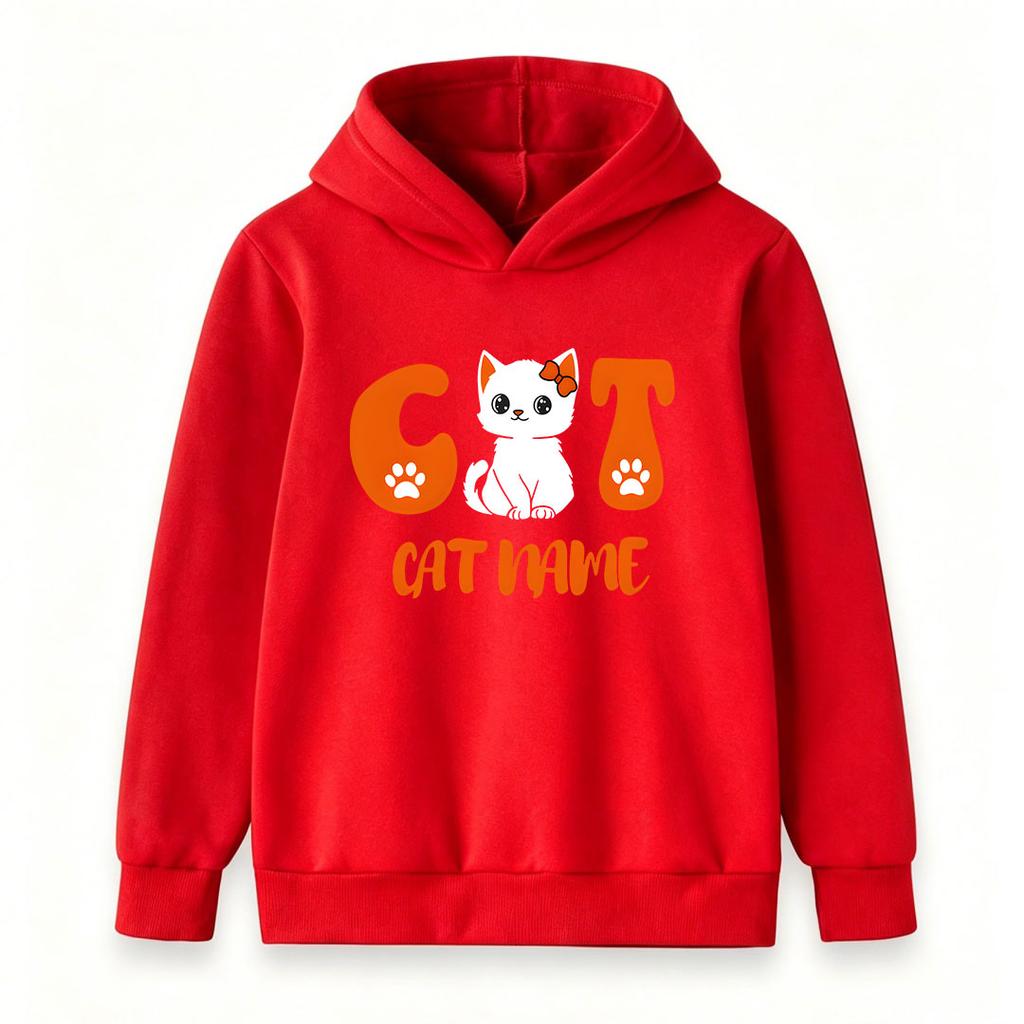 Custom Cute Cat Pattern Hoodie for Boys Girls, Personalized Cat Name Kids Pullover Hooded Sweatshirt, Casual Soft Long Sleeve Tops for Children Cat Lo