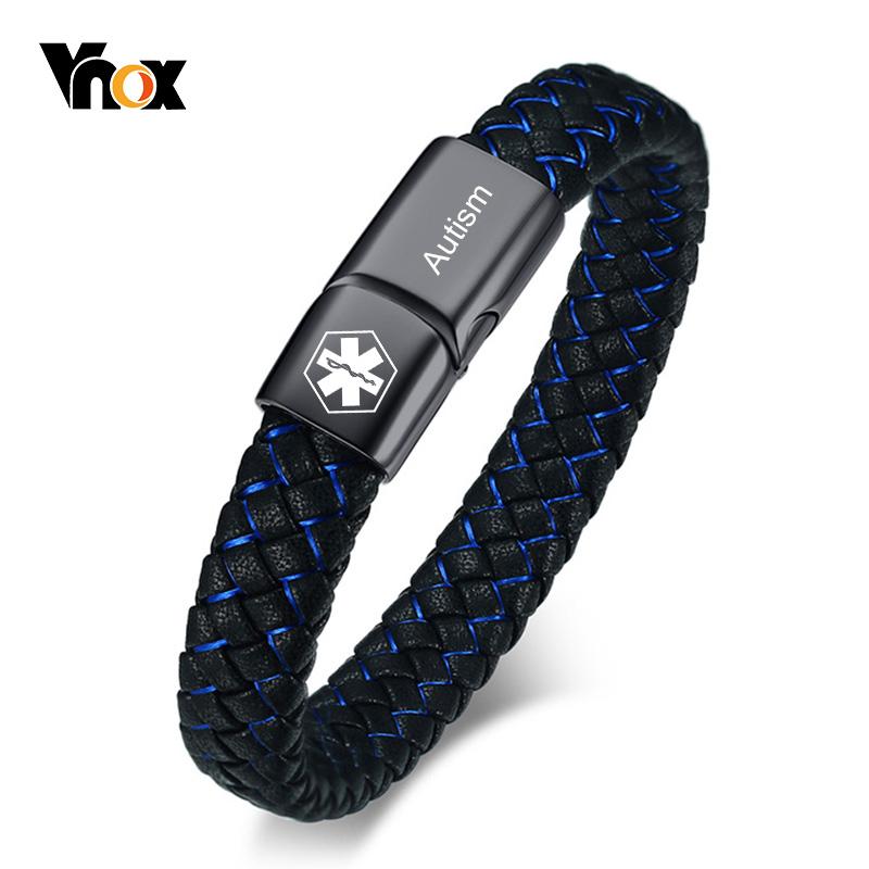Vnox Bracciale ID Medico Personalizzato da Uomo Braccialetto in Pelle Intrecciata con Chiusura Diabete BPCO Alzheimer Gioielli Personalizzati