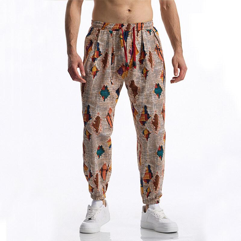 Sommer Baumwolle Leinen Herren Lässige Kordelzug Grafikdruck Boho Tribal Vintage Hose Outdoor-Aktivitäten Hose Running Jogger