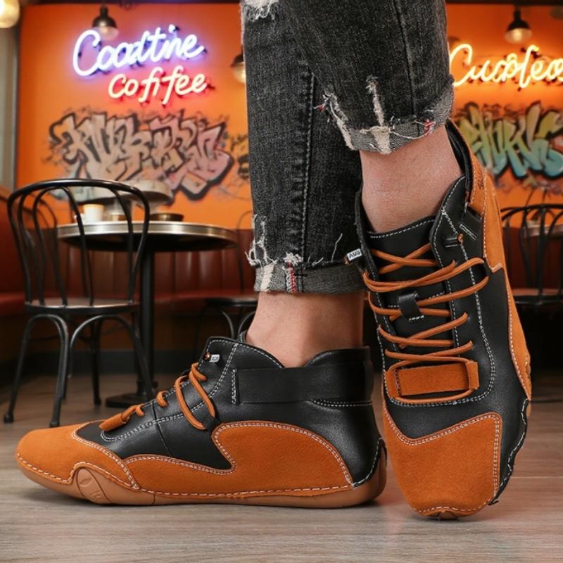 Men's Casual Shoes Breathable Soft Sole Handmade Leather Bare Boots  Retro Fashionable Design Comfortable High Top Sneakers