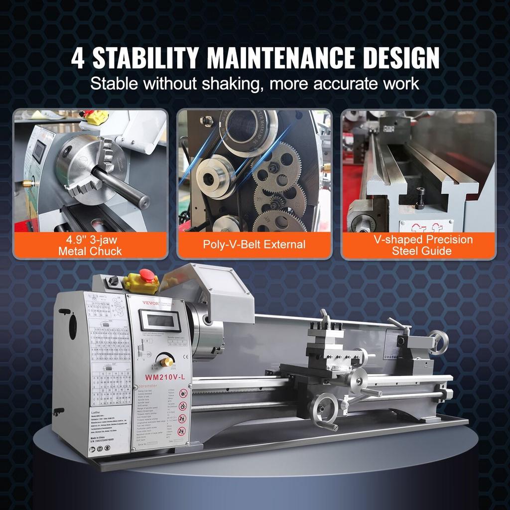 Metal Lathe Machine, 8.3'' x 29.5'', Precision benchtop power metal lathe, 0-2500 RPM Continuously Variable Speed, 750W Brushless Motor Metal Gears,