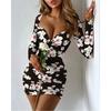 Women's Long-sleeved Square Neck Sexy Low-cut Printed Slim Short Dress