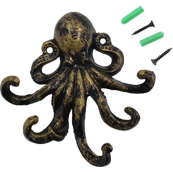 Octopus Key Hooks for Wall, Antique Bronze Cast Iron Decorative Wall Hook Animal Coat Hooks