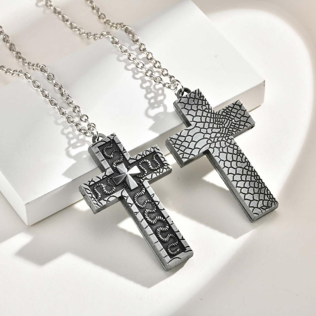 Vintage Secret Compartment Openable Cross Pendant Necklace, Gothic Punk Hip Hop Fashion Pendant Necklace for Men Metal Jewelry