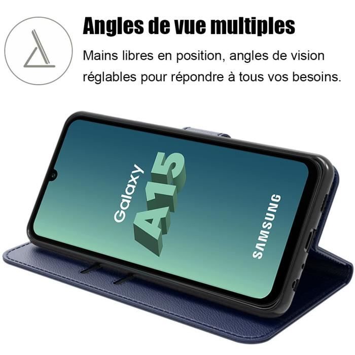 Coque + 2 Verres Trempés pour Samsung Galaxy A15 5G-4G, Cuir PU avec Fentes pour Cartes et Fonction de Support Bleu Marine