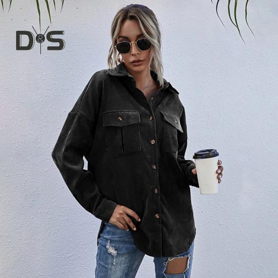 Spring Fall Coat with Chest Pockets Button-down Turn-down Collar Solid Color Corduroy Jacket Loose Casual Outerwear for Travel Work