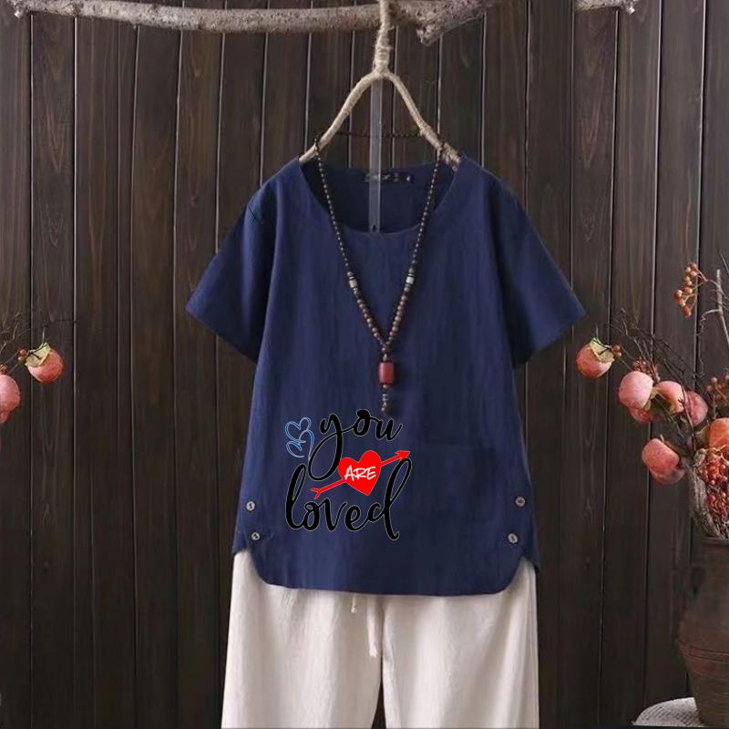 

Женская мода Love Letter Printed Летняя повседневная свободная футболка с коротким рукавом Летняя блузка Топы 4XL темно-синий