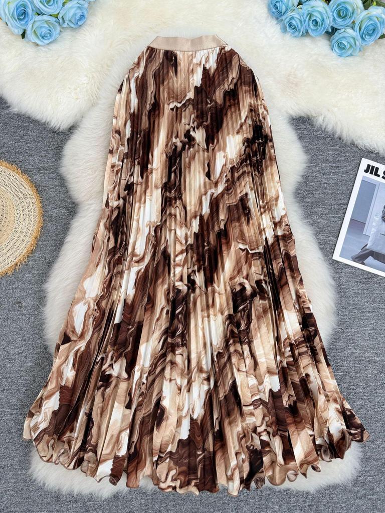 European & American Wave Pattern High-Waisted A-Line Pleated Midi Skirt