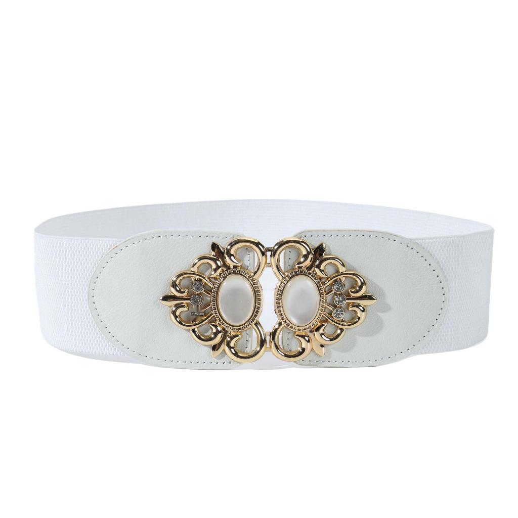 Women's Cat's Eye Stone Elastic Waist Belt with Metal Flower Leather Design - Versatile Wide Belt 2025