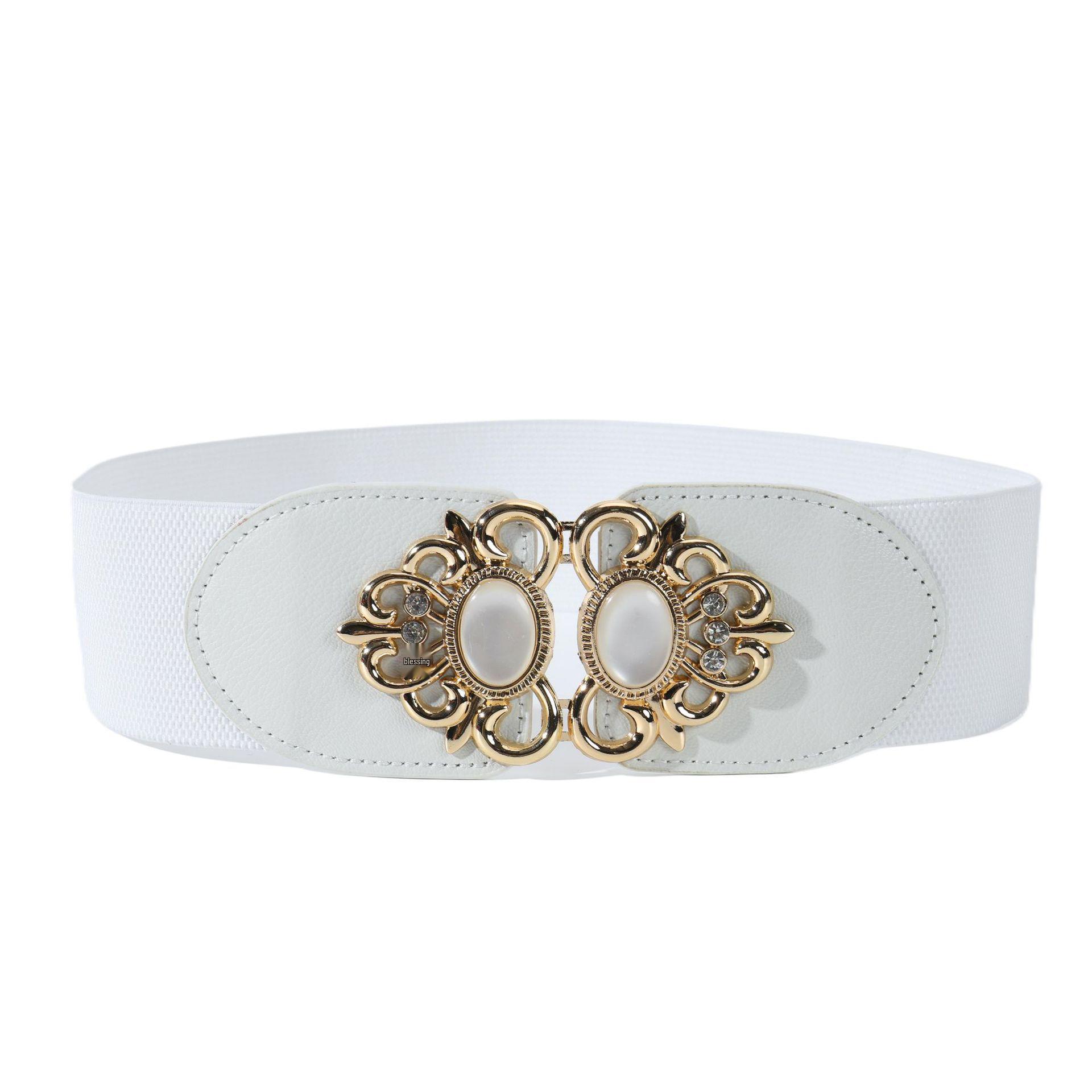 

Women s Cat s Eye Stone Elastic Waist Belt with Metal Flower Leather Design - Versatile Wide Belt 2025 белый