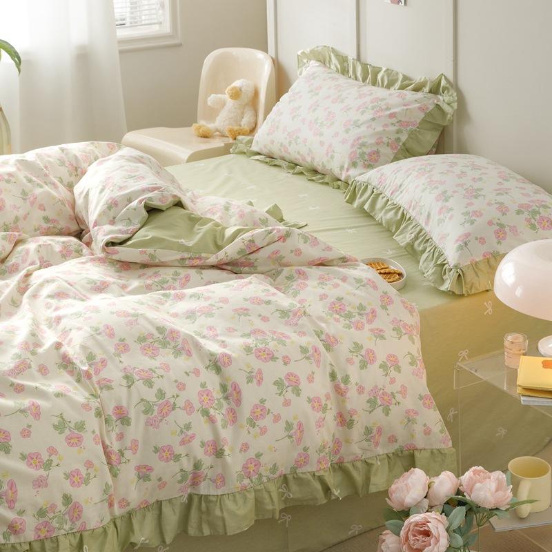 Księżniczka styl kwiatowy czysta bawełna mały świeży czteroczęściowy zestaw koronkowy prześcieradło poszwa na kołdrę prześcieradło z gumką łóżko trzyczęściowa poszwa na kołdrę