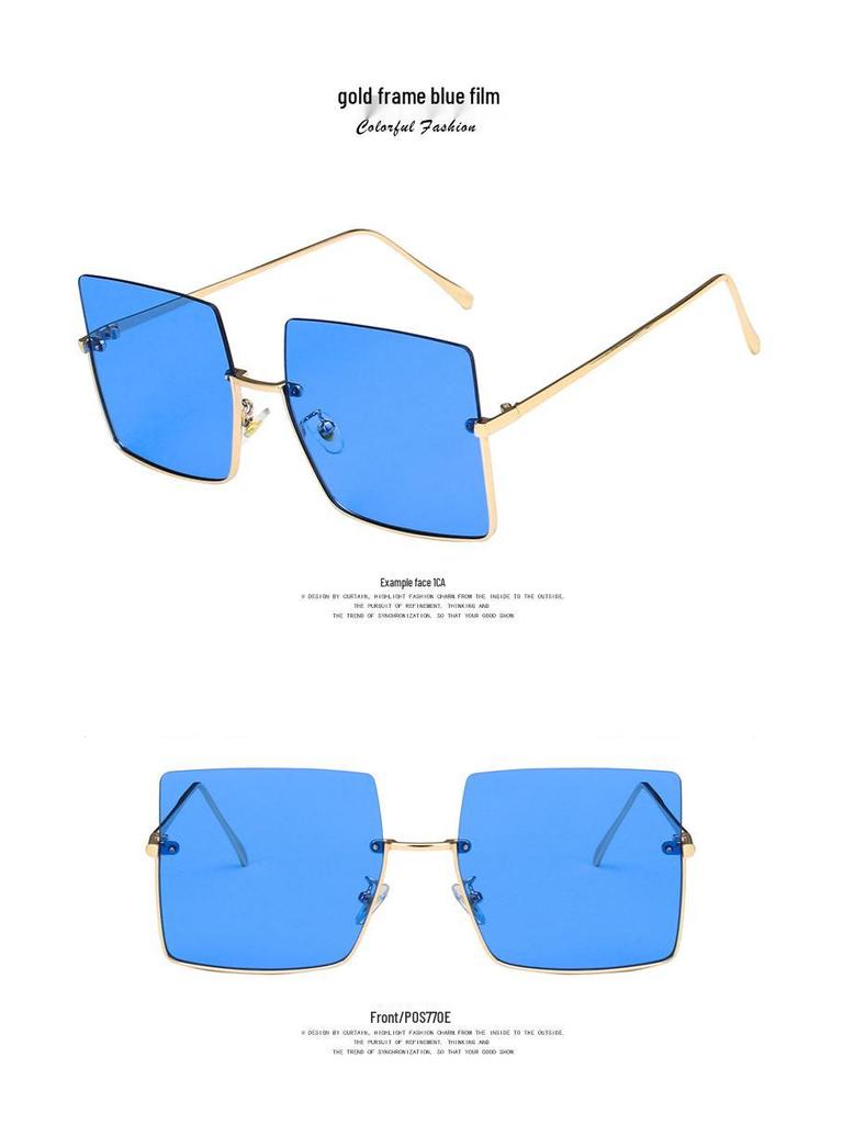 Metal Cut-Edge Semi-Rimless Oversized Square Sunglasses - 2021 Retro Style for Women's Round Faces, Celebrity-Favored.