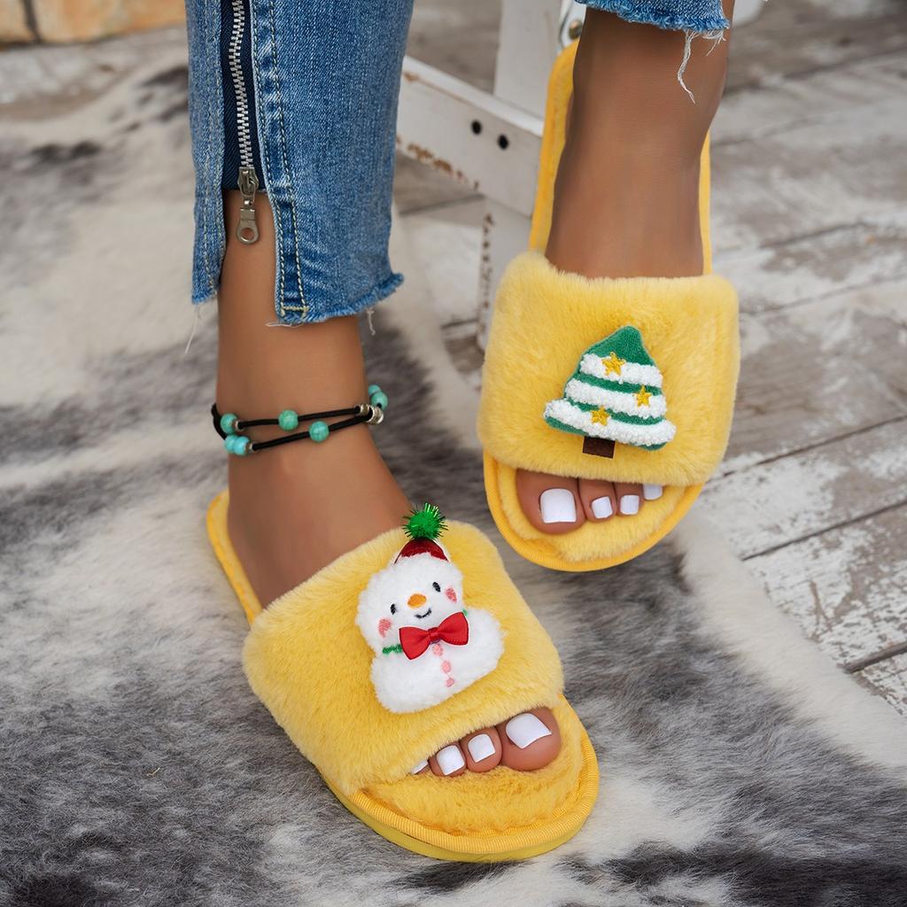 Ciepłe futrzane kapcie damskie grube puszyste futrzane kapcie bałwan choinka dom klapki domowe śliskie płaskie buty domowe na podłogę