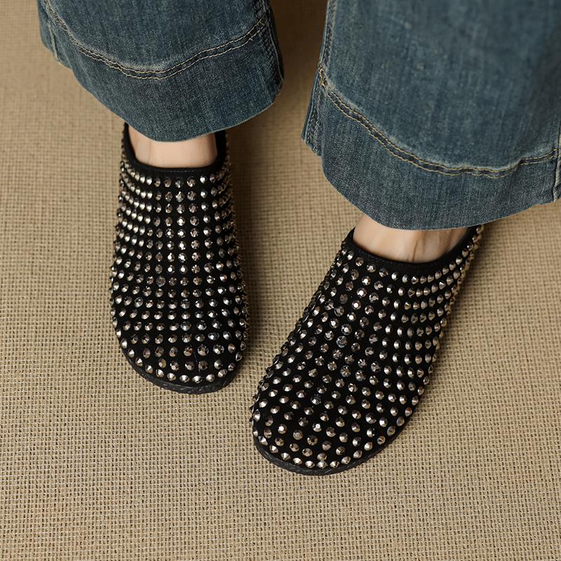 Fashion 2025 NEW Summer Women Mules Kid Suede Leather Women Shoes Round Toe Cover Toe Slip-on Women Sandals Retro Modern Slippers