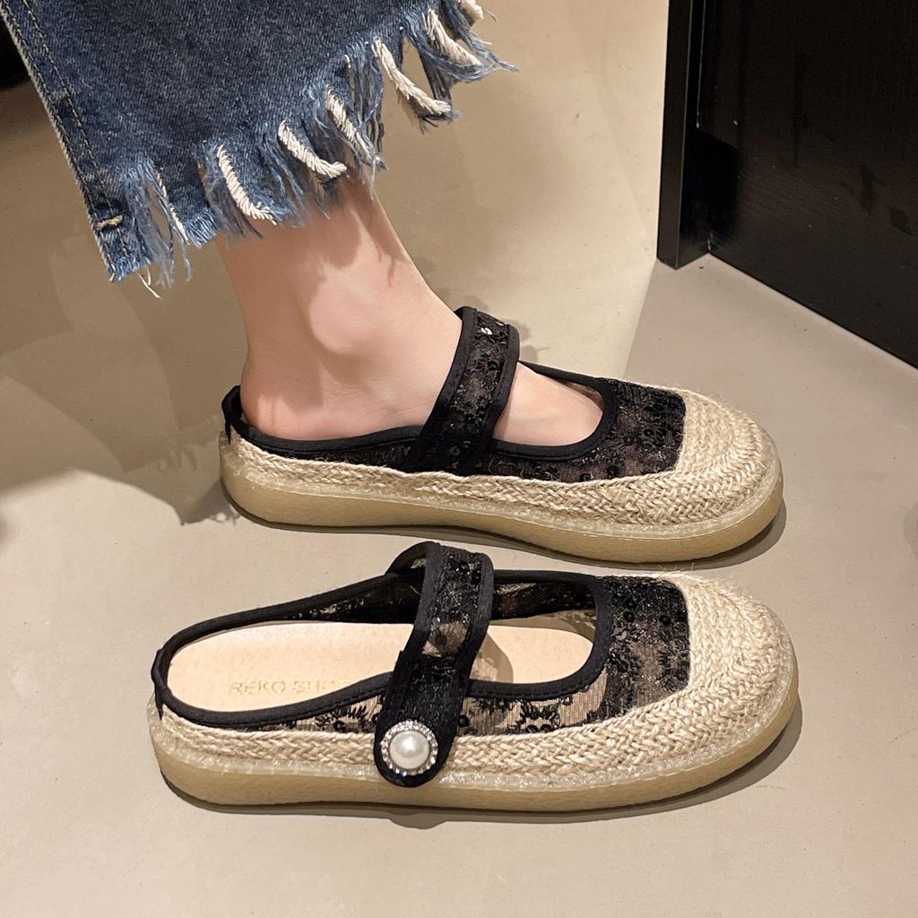 CRLAYDK Lace Women's Slip On Mules Closed Toe Slippers Ladies Backless House Slides Walking Hollow Out Loafers Casual Shoes