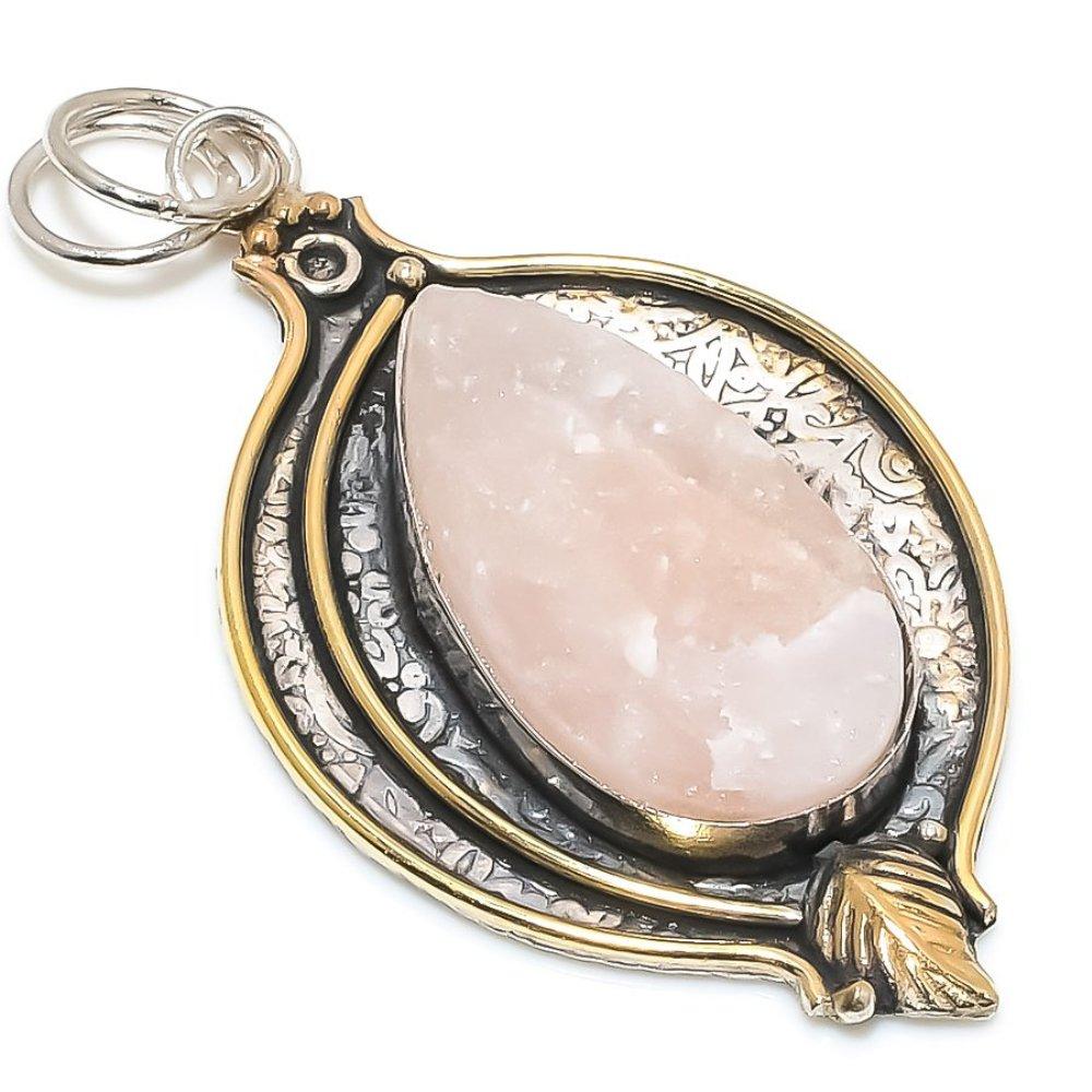 

Natural Rose Quartz Rough Stone 925 Sterling Silver Two Tone Pendant 2.76 o6W79
